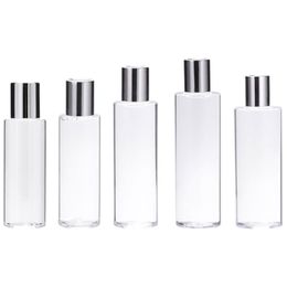 Empty Plastic Clear Bottle Flat Shoulder PET Shiny Silver Collar Screw Lid With Inner Plug Portable Cosmetic Packaging Container 100ml 120ml 150ml 200ml 250ml