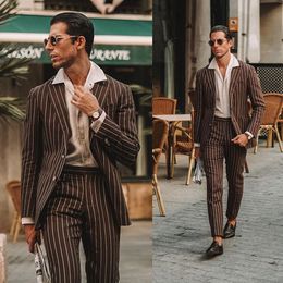 Coffee Pinstripe Mens Suits Handsome Slim Fit Two Button Peaked Lapel Groom Best Men Prom Party Blazer Jacket(jacket+pants)