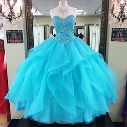 Turquoise Quinceanera Dresses Ball Gown Organza Beaded Appliques Sweet 16 Plus Size Formal Evening Prom Gowns Party QC1548