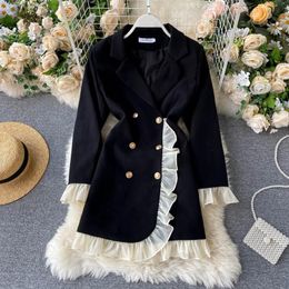 Design dress V-neck irregular fake two-piece double-breasted suit wooden ears ruffles long-sleeved early autumn blazers