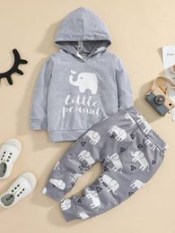 Baby Letter And Elephant Print Hoodie & Sweatpants SHE