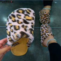 Litthing Leopard House Floor Women Fluffy Slippers Soft Plush Home Indoor Shoes Cotton Fur Slides Winter Warm Shoes Woman X1020