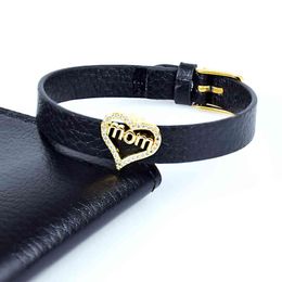 Luxury Heart Shape Love Mom Aaa Cubic Zircon Charm Bracelets for Woman Gift Party Jewellery Leather Watch Belt Bangle
