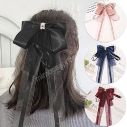 Korea Cute Long Ribbon Bow Barrettes for Women Girls Hairclip Bangs Hairgrips Cute Back Head Top Clip Hair Accessories Barrette