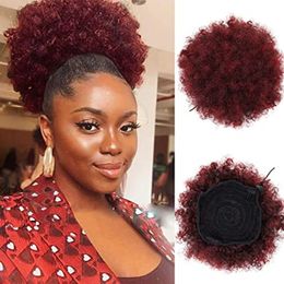 Afro Kinky Curly indian Hair Ponytail Hair Pieces Burgundy Black Short Cute Ponytail Hair Extensions For Women Black 100g or 120g