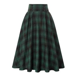 Skirts Women High Waist New Plaid Pleated Red Green Solid Korean Style Sweet Girls School Students Slim All-match Long Skirt G220309