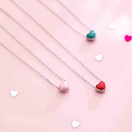 Red Pink Green Enamel Hearts Pendant Necklace for Women Statement Fine Silver Jewelry Collar