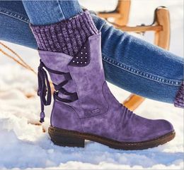 Kadınlar Retro Süet Orta Buzağı Boots Flock Kış Bayan Moda Kar Boots Ayakkabı Uyluk Yüksek Süet Isınma Botaş Yün örme çorap ayakkabı Ayakkabı