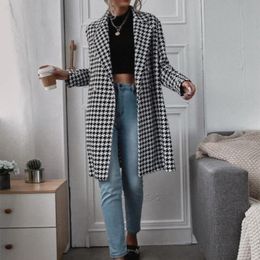 EBAIHUI Fashion Long Women's Blends Contrasting Lapel Double Breasted Ladies Jackets Loose Plaid Casual Houndstooth Jacket Coat