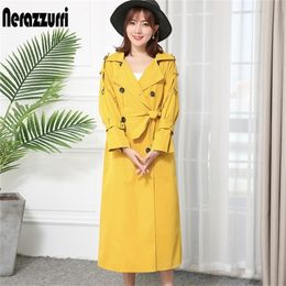 Nerazzurri high quality fashion trench coat for women fall double breasted warm plus size yellow blue red Khaki long coat 201211