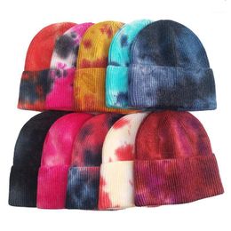 Knitted Tie Dye Beanies Hats Plain Cuff Beanie Knit Ski Cap Casual Skull Warm Solid Color Winter Blank Headwear Bonnets Cycling Caps & Masks