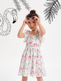 Toddler Girls Flamingo And Tropical Print Butterfly Sleeve Dress SHE