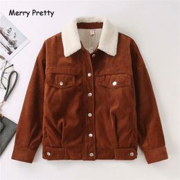 MERRY PRETTY Women's Solid Corduroy Cotton Coats Winter Warm Jacket Thicken Single-breasted Parka Loose Pockets Parka Mujer 201027