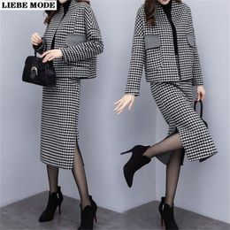 Women Autumn Business Long Skirt Suits for Women Jacket and Skirt Female Casual Plaid Outfits 2 Piece Knee Length Skirts Set 200923