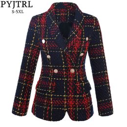PYJTRL Women's Double Breasted Plaid Tweed Wool Blazer Outer Coat 201023