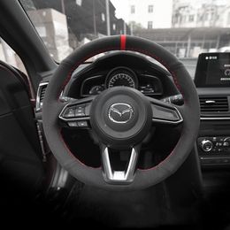 For Mazda 3 CX-30 2020-2021 CX4/6 18-21 DIY black suede leather hand-sewn car steering wheel cover