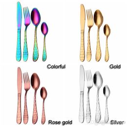 Stainless Steel Gold-plated Water Cube Series Hotel Western 4 pcs Set Tableware Spoon Fork Knife Dinner Forks Teaspoons Flatware WDH0499 T03