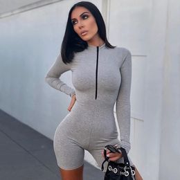 Aonibeier Black Grey Ribbed Knit Women Skinny Rompers Casual O Neck Zipper Front Long Sleeve Bodycon Playsuit Short Jumpsuit T200704