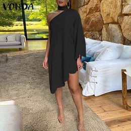 Asymmetric Dress VONDA 2021 Women Elegant Party Dress Casual Solid Stylish Mini Dresses Beach Sundress Femme Robe Y220214