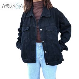 Black Women Denim Jacket Casual Streetwear Outwear Loose Female Long Sleeve Korean Autumn Winter Jeans Jakcet Women Coats 201029