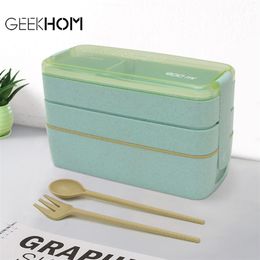 Japanese Plastic Lunch Box For Kids School Microwave Dinnerware Food Storage Container Lunchbox 3 Layers Wheat Straw Bento Boxes 201015