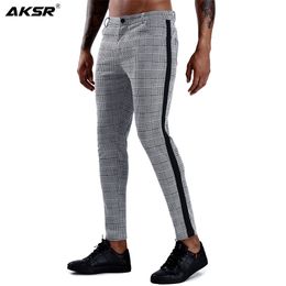 Mens Chinos Slim Fit Men Skinny Chino Joggers Pants Streetwear Super Stretch Pencil Pants for Men Plaid Side Stripe Casual Pants 201113