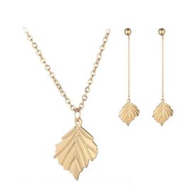Wholesale Fashion Stainless Steel Leaf Pendants Necklace Earring Jewellery Leaves Bijoux Femme Gold Silver Colour Choker For Women Jewellery Sets