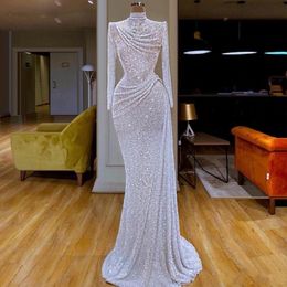 White Glitter Sequined Mermaid Evening Dresses High Neck Ruched vestidos de fiesta Custom Made Long Sleeve Prom Dress Formal LJ201224