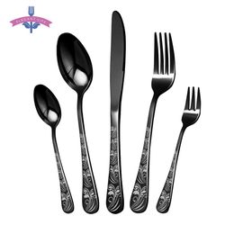 30PCS Cutlery Set Dinnerware Set Knife Forks Spoons Dessert Fruit Set Kitchen Black Gold Stainless Steel Printing Dishwasher Fit 201116