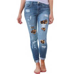 Women Casual Ripped Jeans Boyfriend Distressed Skinny Leopard Patchwork Ripped Jeans Mid Waist Slim Denim Pants Long Trousers