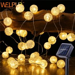 Globe led Solar String Lights 5m 50LED Crackle Ball Outdoor, 8 Modes Fairy Lights Warm White Indoor Decorative Garden Light 201211