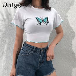 Darlingaga Cotton Sweet Butterfly Print White Tshirt Women Short Sleeve Bodycon Crop Top Harajuku Summer T-shirts Tee Shirt T200614