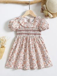 Toddler Girls Ditsy Floral Puff Sleeve Ruffle Trim Shirred Waist Dress SHE