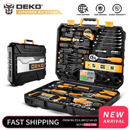 DEKO Household Tool Set General Hand Tool Kit with Plastic Tool box Storage Case Combination Hammer Socket Wrench Screwdriver LJ200815