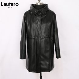 Lautaro Black leather jacket women Plus size hooded windbreaker women long sleeve zipper drawstring Faux leather jackets women 201030