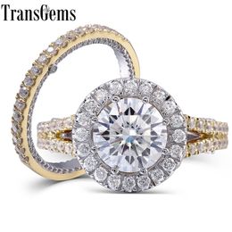 TransGems Solid 14K White and Yellow Center 3 ct 9mm F Colorless Moissanite Engagement Wedding Ring Set with Accents 2 Pieces Y200620