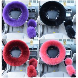 3pcs/set Winter Wool Car Steering Wheel Cover Long Australian Wool Heated Fur Steering Wheel Cover Handbrake Gear Shifter Cover