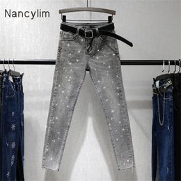 European High Waist Skinny Denim Trousers New Autumn Womens Hot Drill Pencil Pants Nine-point Jeans Girl Lady Streetwear Grey 201106