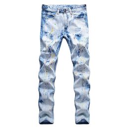 Men's Painted Light Blue Ripped Jeans Tie and Dye Snow Washed Slim Straight Denim Pants G0104