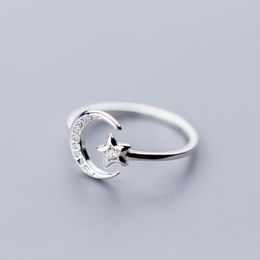 925 Sterling Silver Minimalist Zircon Moon Star Opening Ring For Charming Women Party Fine Jewellery Cute Gift