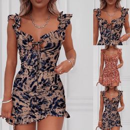 Baskılı Elbise Kadınlar Seksi Ruffled Sapanlar Çiçek Baskı Göğüs Dize Bodycon Parti Mini Lüks Tasarımcı Vestidos