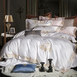 Premium 1000TC Egyptian Cotton White Grey Bedding set US Queen King size Embroidery Quilt/Duvet cover Bedsheet Pillow shams T200706