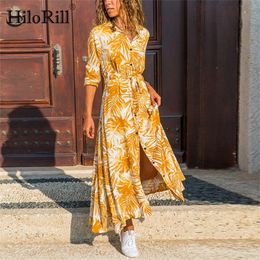 HiloRill Women Print Long Dress 2020 Long Sleeve Buttons Split Dress Casual Turn-down Neck Ladies Sashes Shirt Dresses LJ200818