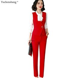 Elegant pant suit women red slim sleeveless vest blazer and pants two pieces set for office ladies work wear 200923