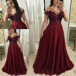 Burgundy Prom Dresses Long Lace Appliques Evening Gowns Long Chiffon Special Occasion Dress Short Sleeves