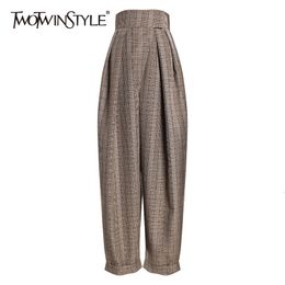 TWOTWINSTYLE Plaid Ruched Harem Trousers For Women High Waist Casual Asymmetrical Ankle Length Pants Female Fashion Autumn 201228