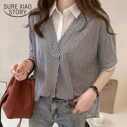 new summer striped blouse shirt plus size female office lady style women clothing short sleeved blouses women tops 40 T200321