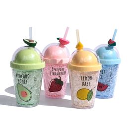 13 oz Fruit Ice Cup Plastic Water Bottle with Straw Lemon Watermelon Shaped Kids Water Cup Student Gift Tumbler