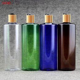 500ml 20pcs/lot blue green clear empty plastic shampoo bottle with gold collar disc top cap,17 oz PET essential oil