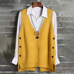 Woman Short Sleeveless Knitted Sweater Vest Waistcoat Side Buttons Casual Vest Female Pullover Plus Size Fashion Autumn Lady Top 201211